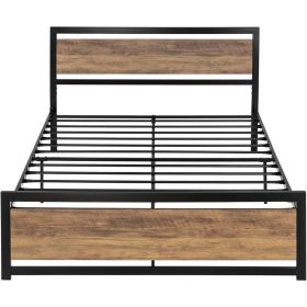 Queen Metal Platform Bed Frame with Brown Wood Panel Headboard and Footboard