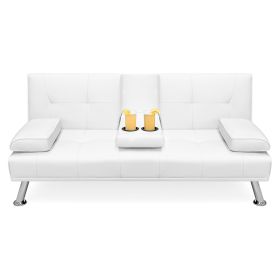 White Faux Leather Convertible Sofa Futon with 2 Cup Holders